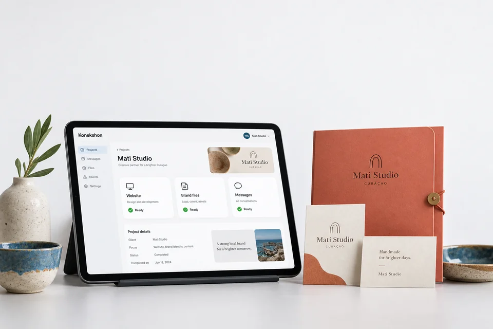An organised Mati Studio project dashboard with website, brand files and messages.