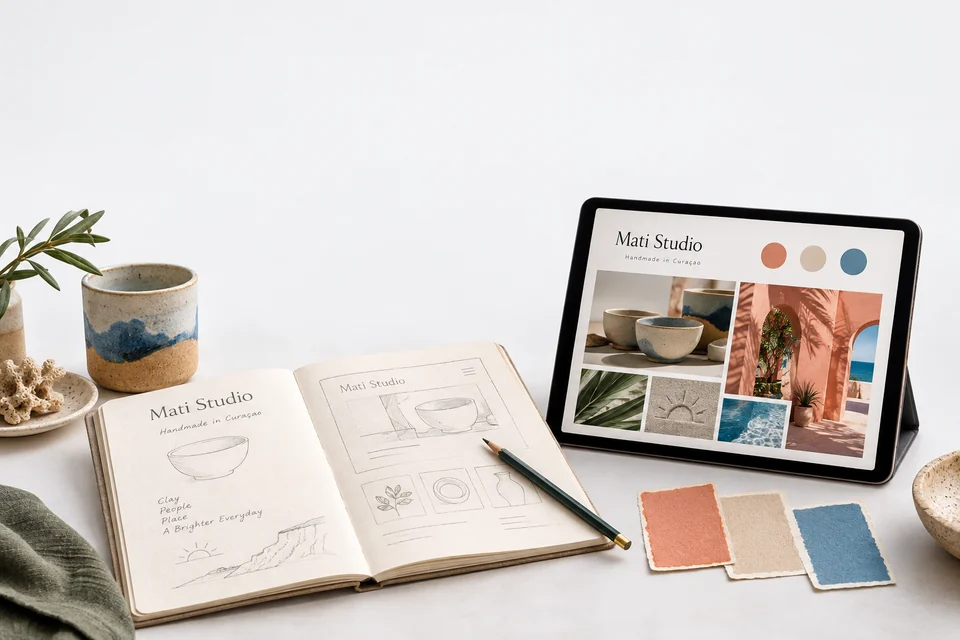 Project notebook, colour swatches and a ceramics mood board for fictional Curaçao business Mati Studio.