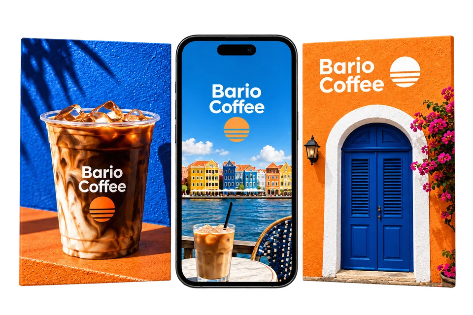 Fictional Bario Coffee social campaign with coordinated Curaçao imagery.