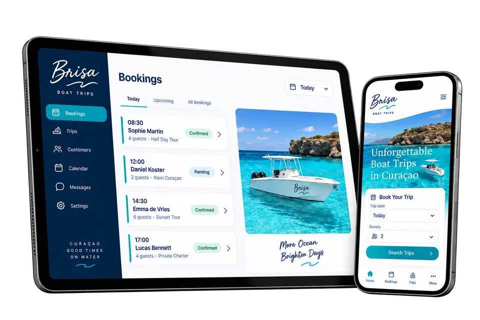 Fictional Brisa Boat Trips booking software on a tablet and phone.
