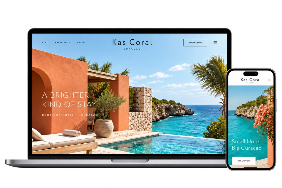 Fictional Kas Coral boutique hotel website on a laptop and phone.